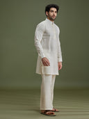 Cream Linen Silk Kurta Set for Men with Dori Embroidery & Pant