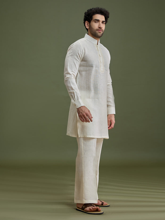 Cream Linen Silk Kurta Set for Men with Dori Embroidery & Pant - KORANM