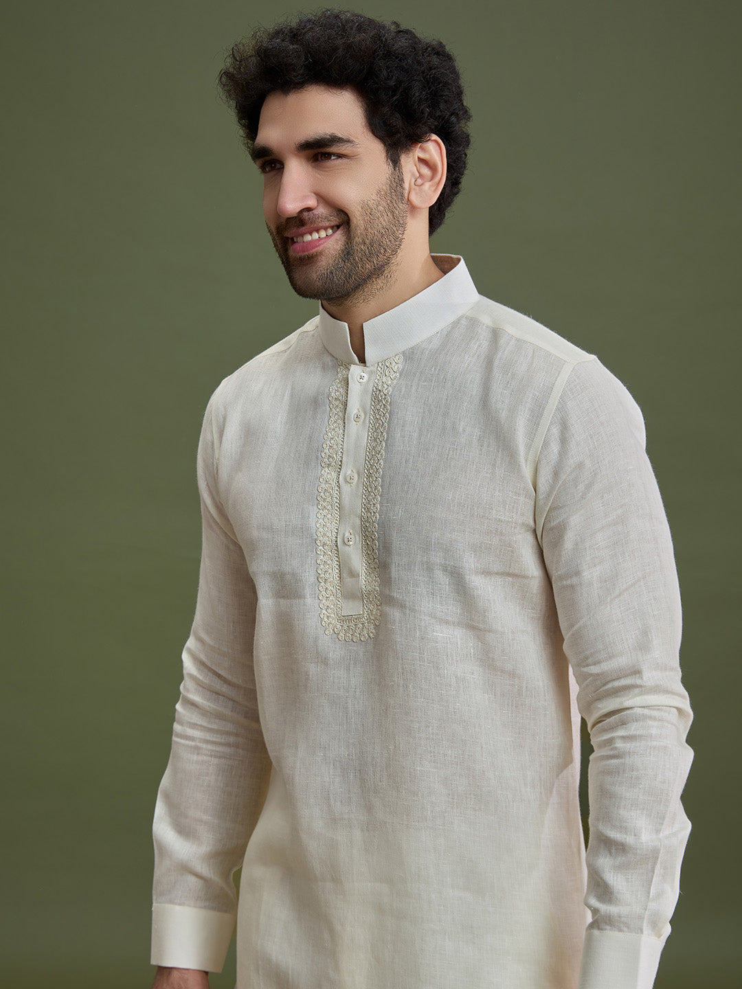 Cream Linen Silk Kurta Set for Men with Dori Embroidery & Pant - KORANM