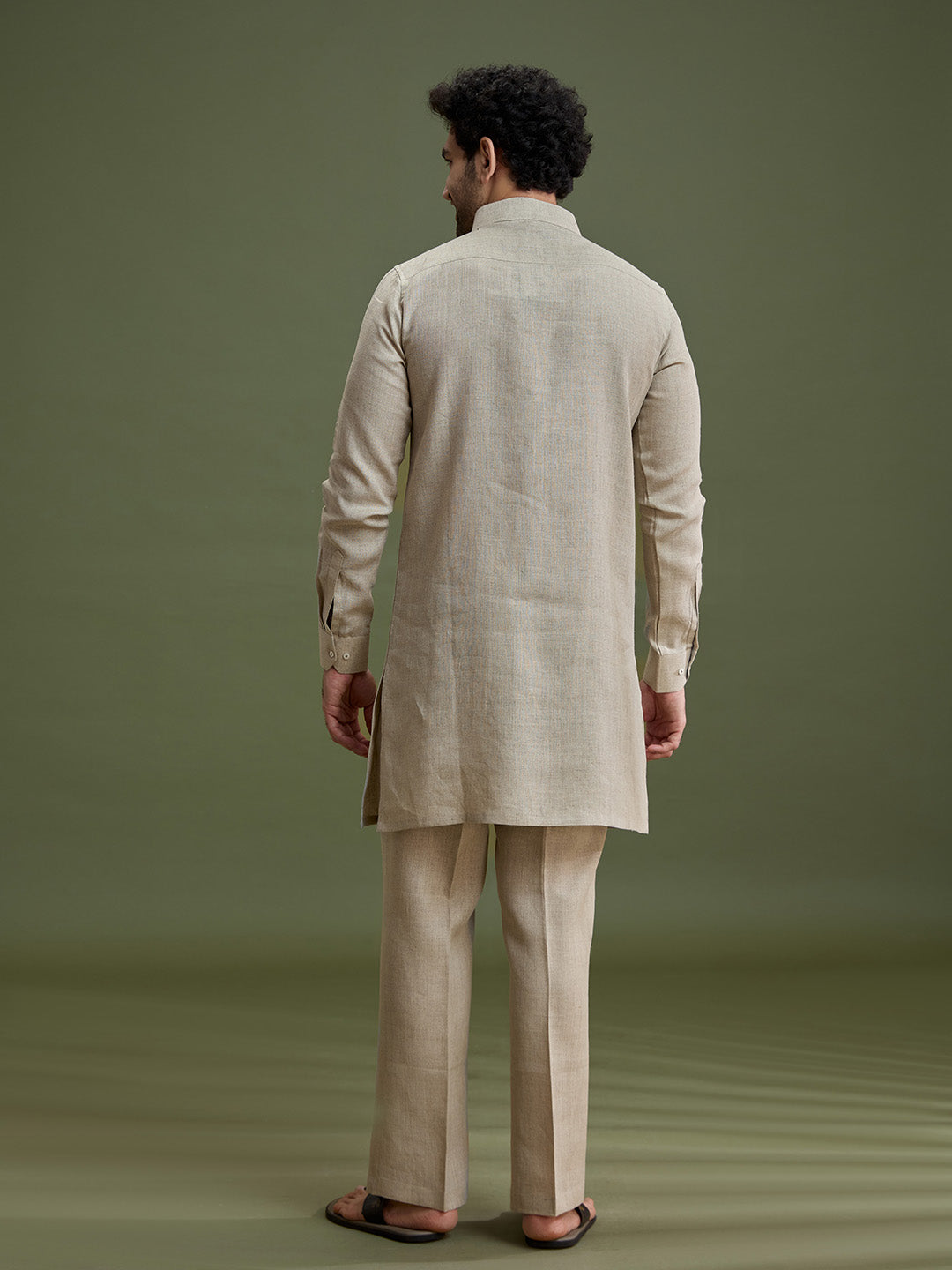 Back view of khaki linen silk kurta set for men