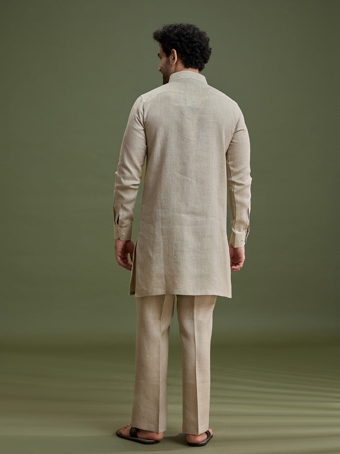 Back view of khaki linen silk kurta set for men