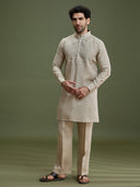 Khaki linen silk kurta set for men with dori embroidery and aligarhi – front view