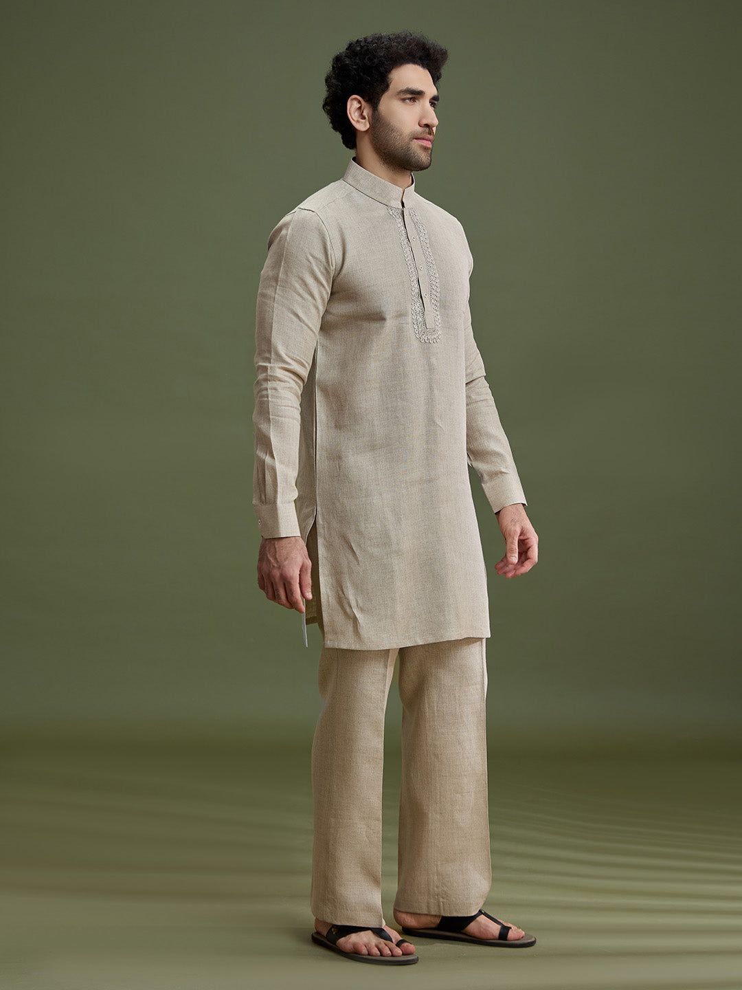 Side view of khaki linen silk kurta for men with mandarin collar and dori embroidery