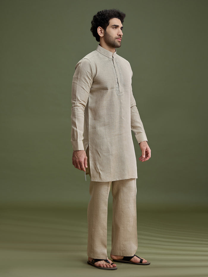 Side view of khaki linen silk kurta for men with mandarin collar and dori embroidery