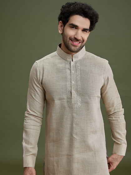 Fawn Linen  Kurta Set for Men with Dori Embroidery & Aligarhi