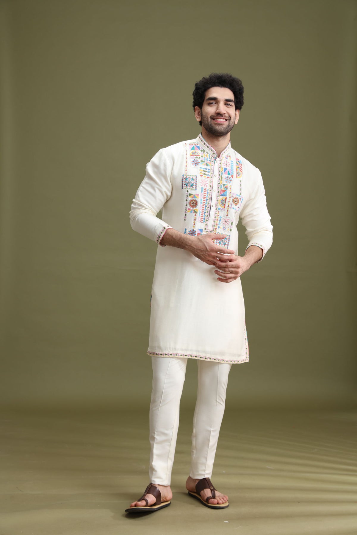 Cream blended silk kurta set for men with aligarhi and hand resham embroidery – front view
