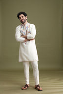 Cream Blended Silk Kurta Set for Men with Aligarhi & Hand Embroidery
