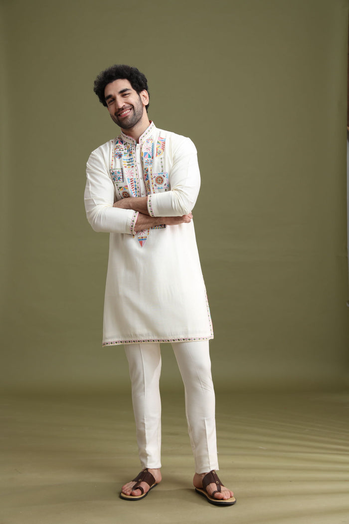 Cream Blended Silk Kurta Set for Men with Aligarhi & Hand Embroidery - KORANM