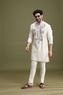 Cream Blended Silk Kurta Set for Men with Aligarhi & Hand Embroidery