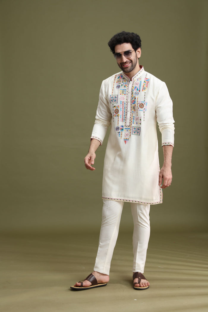 Cream Blended Silk Kurta Set for Men with Aligarhi & Hand Embroidery - KORANM