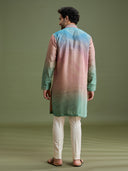 Back view of multicolor blended silk kurta set for men