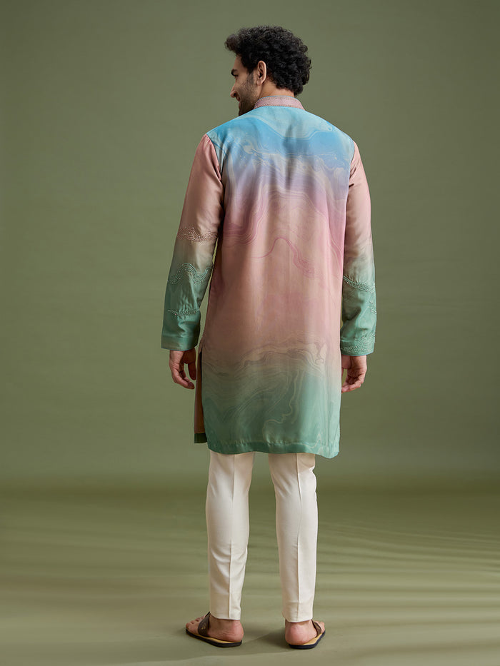 Back view of multicolor blended silk kurta set for men