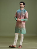 Multicolor blended silk abstract kurta set for men with dori embroidery and cream aligarhi – front view