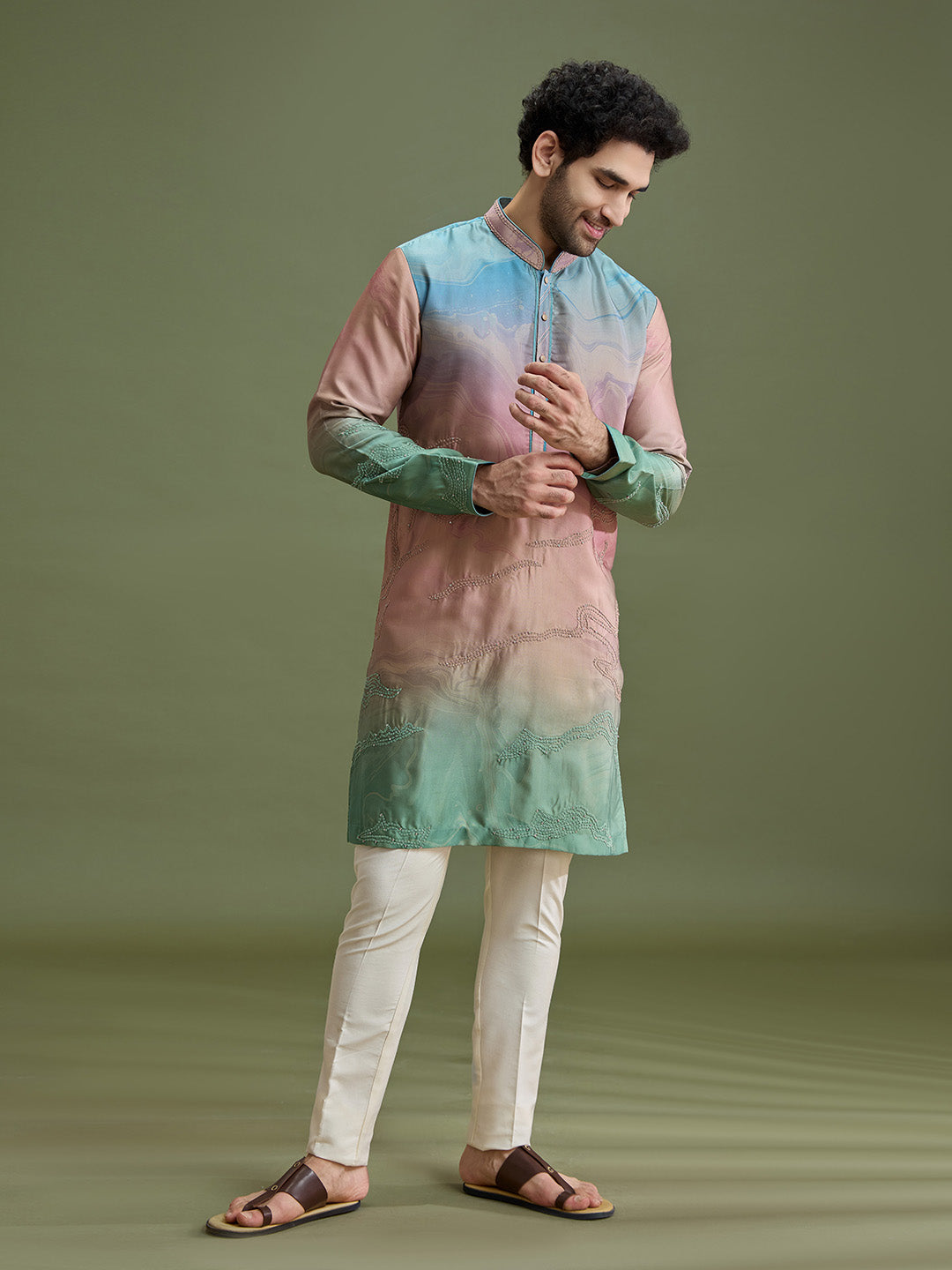 Multicolor Blended Silk Abstract Kurta Set for Men with Dori Embroidery & Cream Aligarhi - KORANM