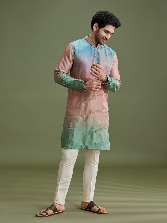 Multicolor Blended Silk Abstract Kurta Set for Men with Dori Embroidery & Cream Aligarhi - KORANM
