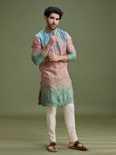 Styled ceremonial look of multicolor blended silk abstract kurta set for men with cream aligarhi
