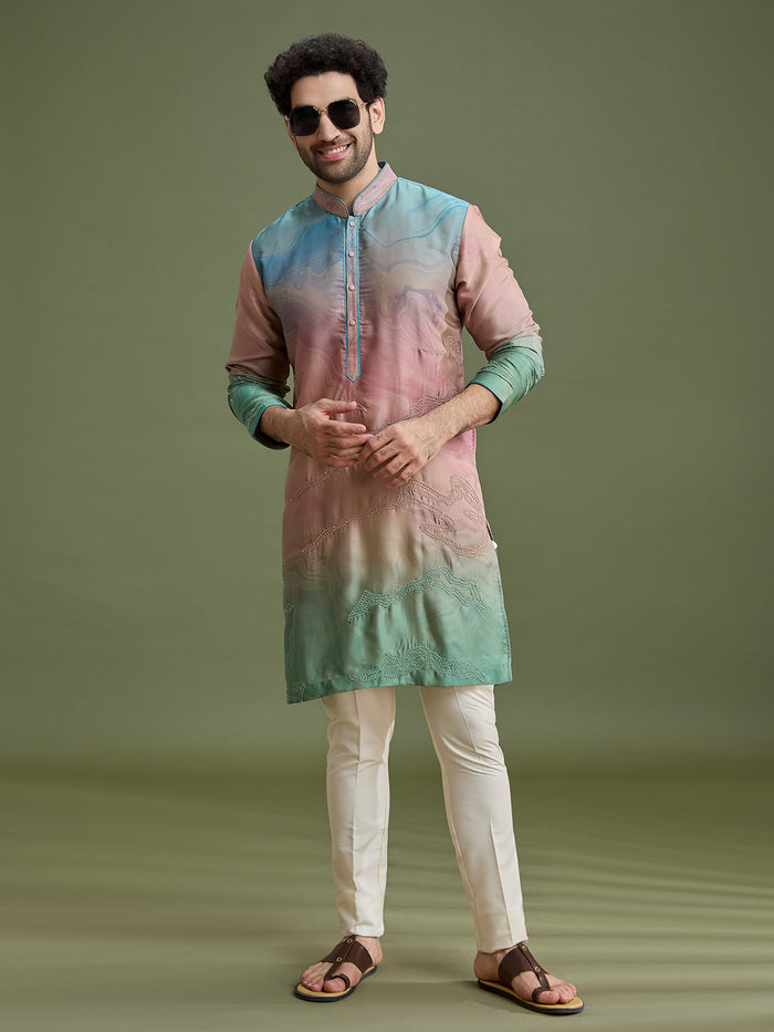Styled ceremonial look of multicolor blended silk abstract kurta set for men with cream aligarhi