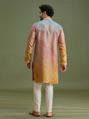 Back view of multicolor blended silk kurta set for men