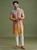 Multicolor blended silk abstract printed kurta set for men with cream aligarhi – front view