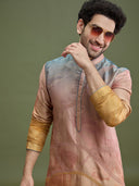 Close-up of abstract print on multicolor blended silk kurta for men