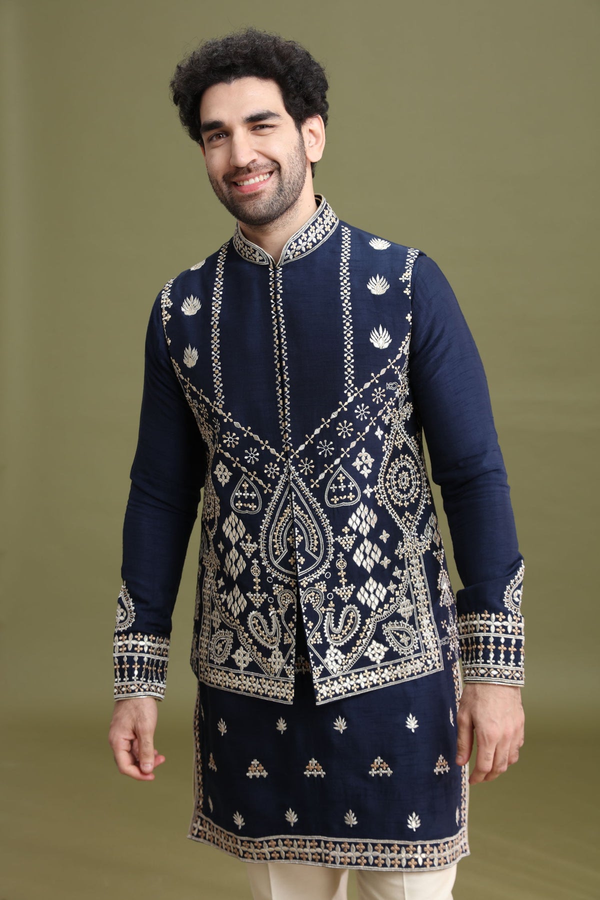 Blue Blended Silk Bandi Jacket Set for Men with Kurta & Aligarhi - KORANM