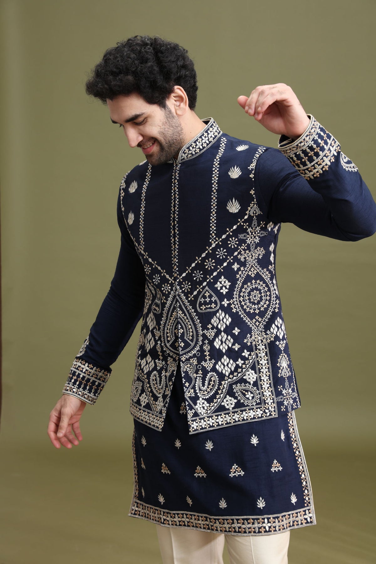 Blue Blended Silk Bandi Jacket Set for Men with Kurta & Aligarhi - KORANM