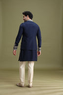 Blue Blended Silk Bandi Jacket Set for Men with Kurta & Aligarhi