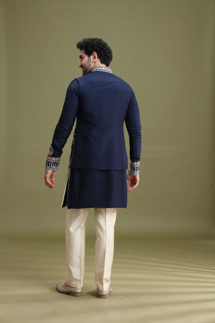 Blue Blended Silk Bandi Jacket Set for Men with Kurta & Aligarhi - KORANM