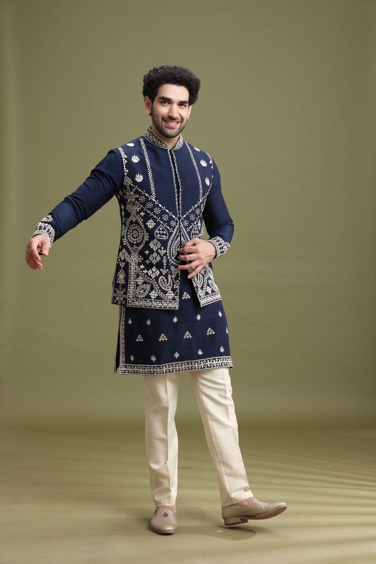 Blue Blended Silk Bandi Jacket Set for Men with Kurta & Aligarhi - KORANM