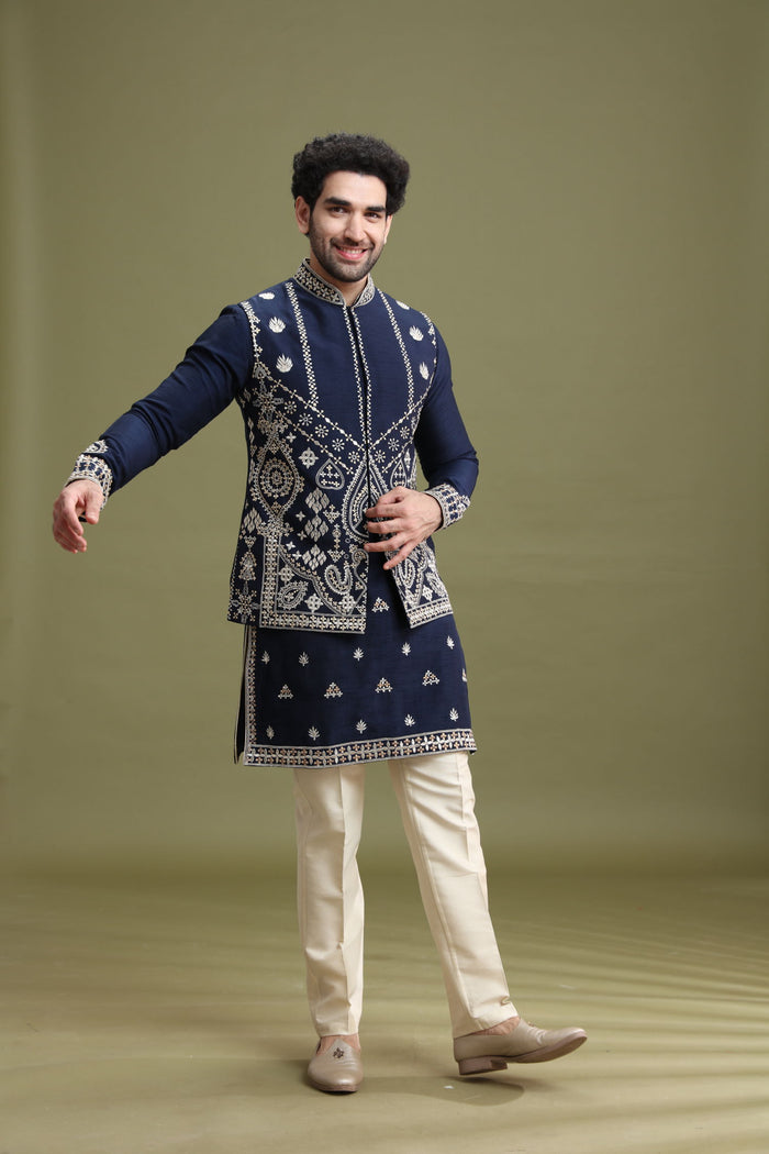 Blue Blended Silk Bandi Jacket Set for Men with Kurta & Aligarhi - KORANM