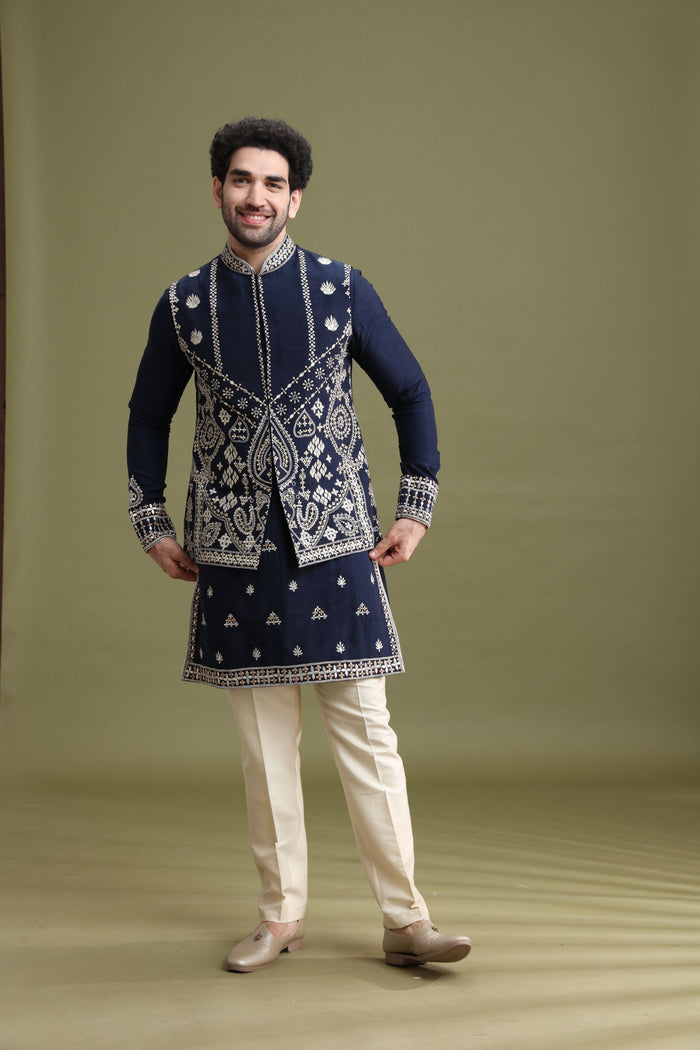 Blue Blended Silk Bandi Jacket Set for Men with Kurta & Aligarhi - KORANM