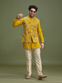 Yellow floral bandi jacket set for men with zari work and cream aligarhi – front view