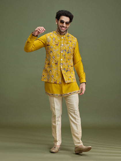 Yellow Floral Bandi Jacket Set for Men with Kurta & Cream Aligarhi
