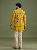 Back view of yellow floral bandi jacket set for men