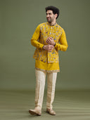 Yellow Floral Bandi Jacket Set for Men with Kurta & Cream Aligarhi
