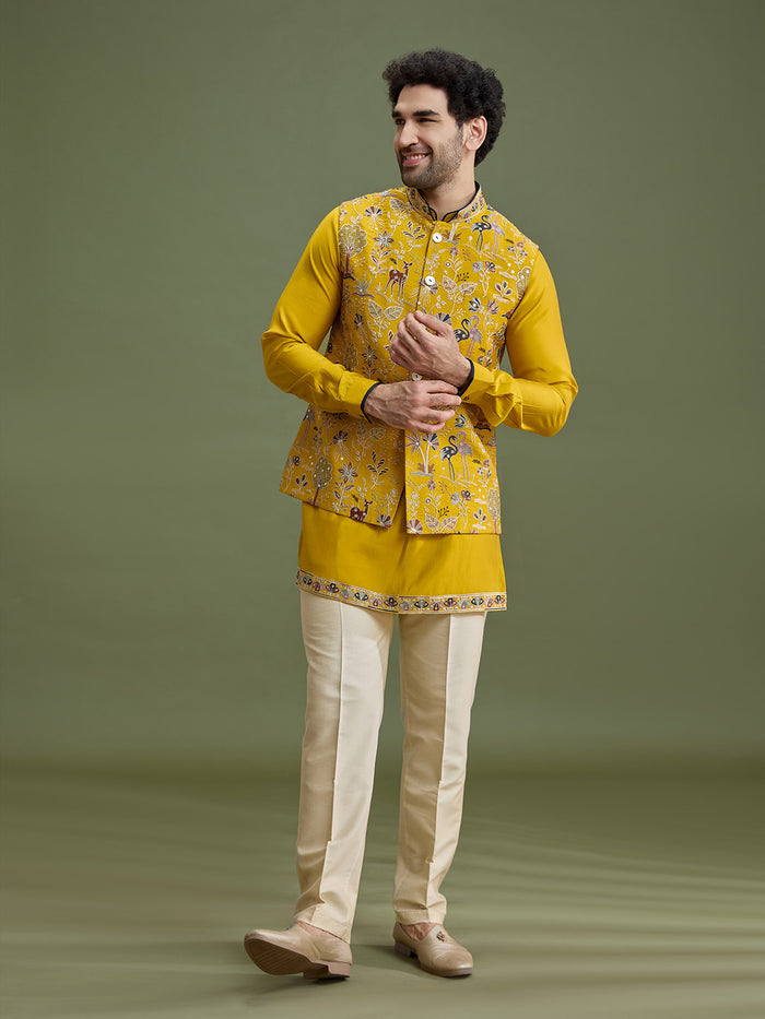 Yellow Floral Bandi Jacket Set for Men with Kurta & Cream Aligarhi - KORANM