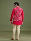Back view of pink floral bandi jacket set for men