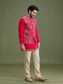 Side view of pink floral bandi jacket with zari embroidery for men