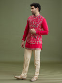 Pink Floral Bandi Jacket Set for Men with Kurta & Cream Aligarhi