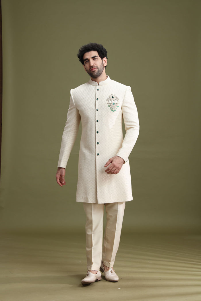 Cream Lucknowi Sherwani Set for Men with Zardozi Hand Embroidery - KORANM
