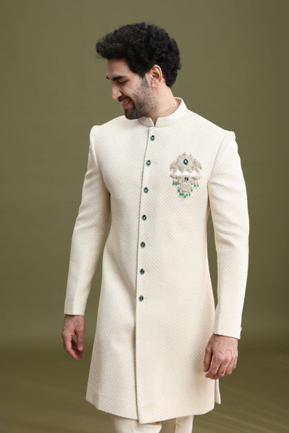 Cream Lucknowi Sherwani Set for Men with Zardozi Hand Embroidery