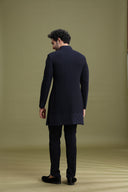 Back view of navy blue rayon Lucknowi sherwani set for men