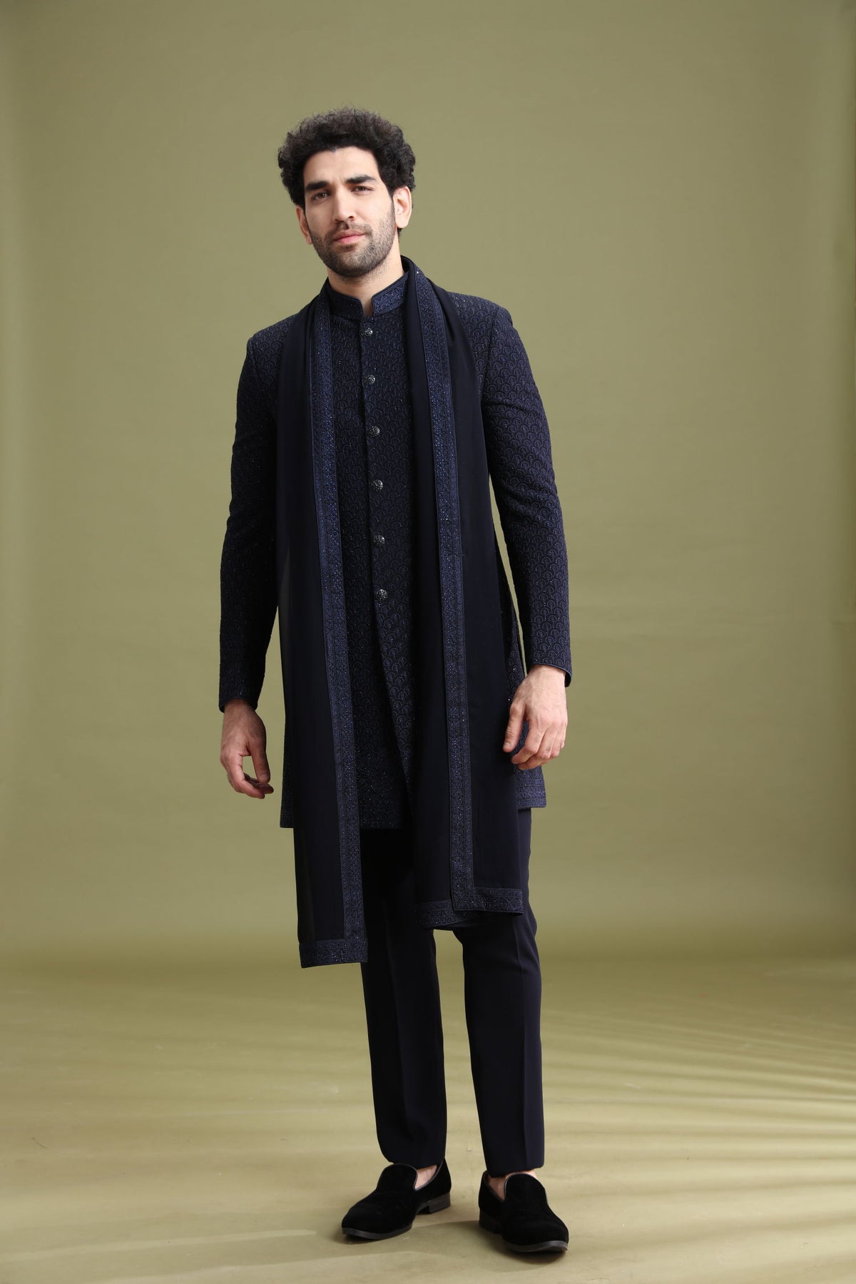 Close-up of self design and Lucknowi work on navy blue rayon sherwani for men