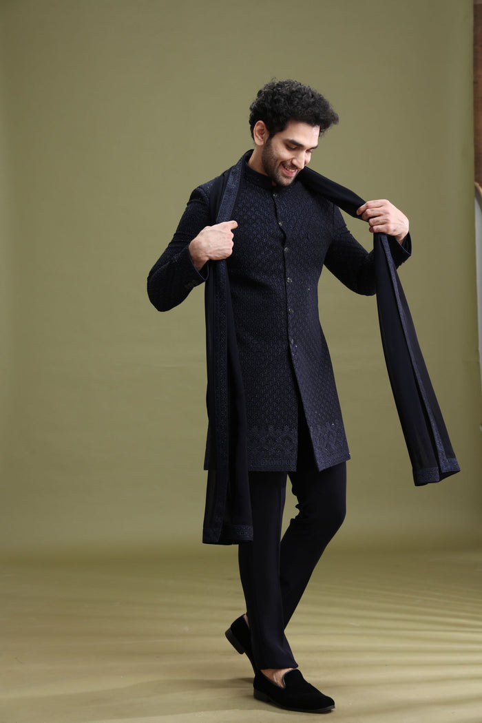 Styled sangeet look of navy blue rayon Lucknowi sherwani set for men