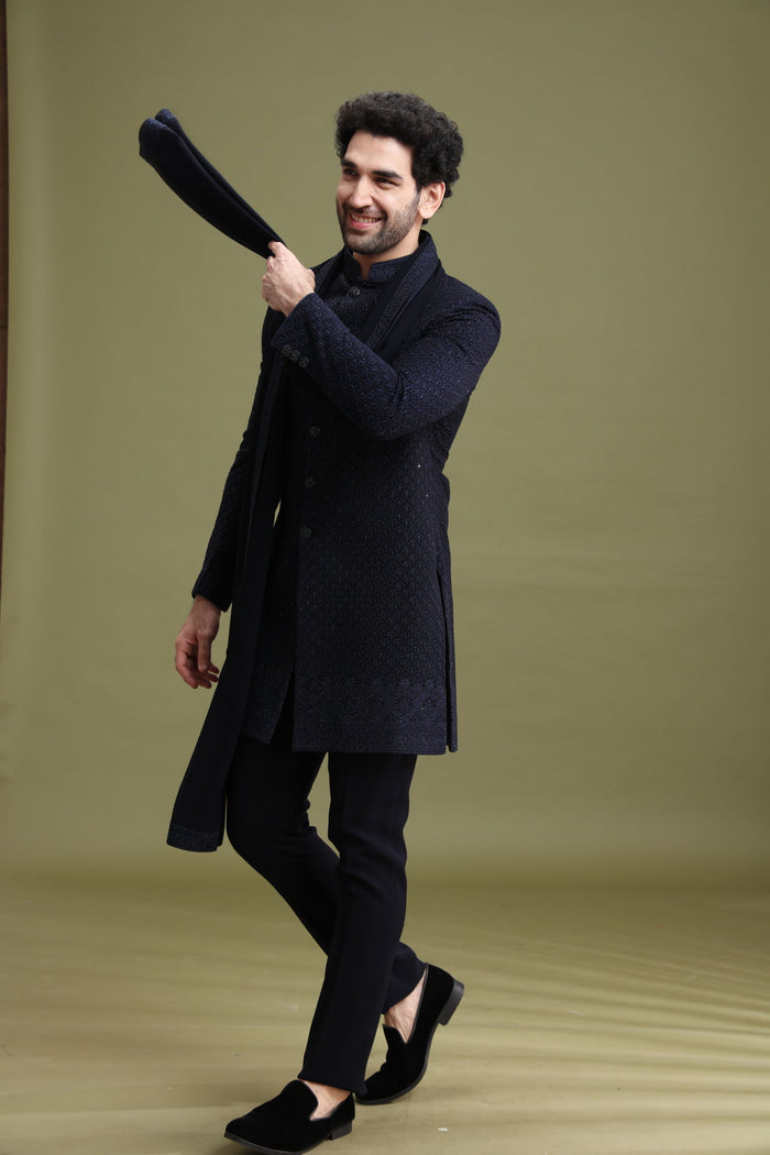Navy Blue Rayon Lucknowi Sherwani Set for Men with Dupatta & Trouser - KORANM