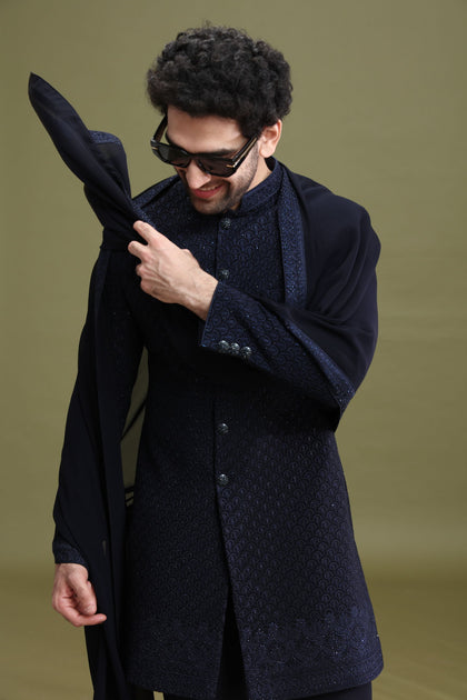 Navy Blue Rayon Lucknowi Sherwani Set for Men with Dupatta & Trouser