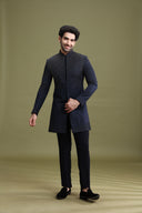 Navy Blue Rayon Indo-Western Set for Men with Hand Embroidery | Kora