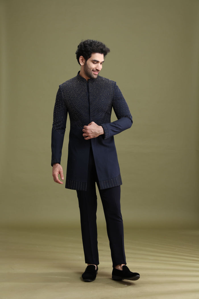 Navy Blue Rayon Indo-Western Set for Men with Hand Embroidery | Kora - KORANM