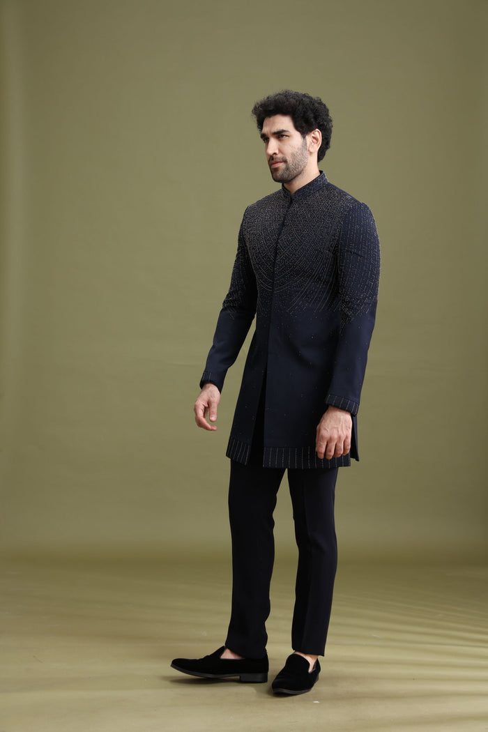 Navy Blue Rayon Indo-Western Set for Men with Hand Embroidery | Kora - KORANM