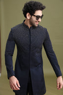 Navy Blue Rayon Indo-Western Set for Men with Hand Embroidery | Kora